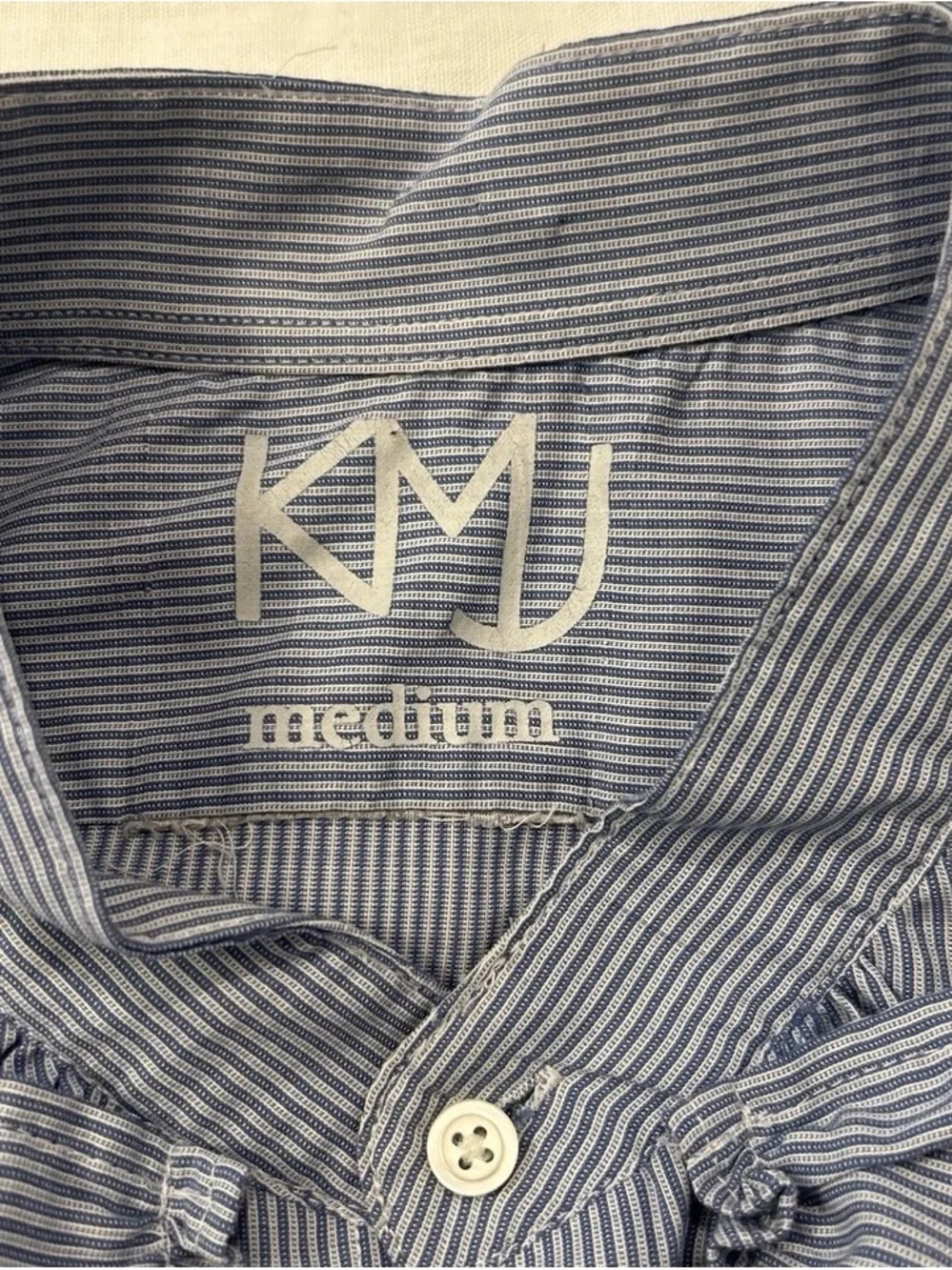 KMJ Ruffled Pinstripe Button-Down Blouse in Light Blue